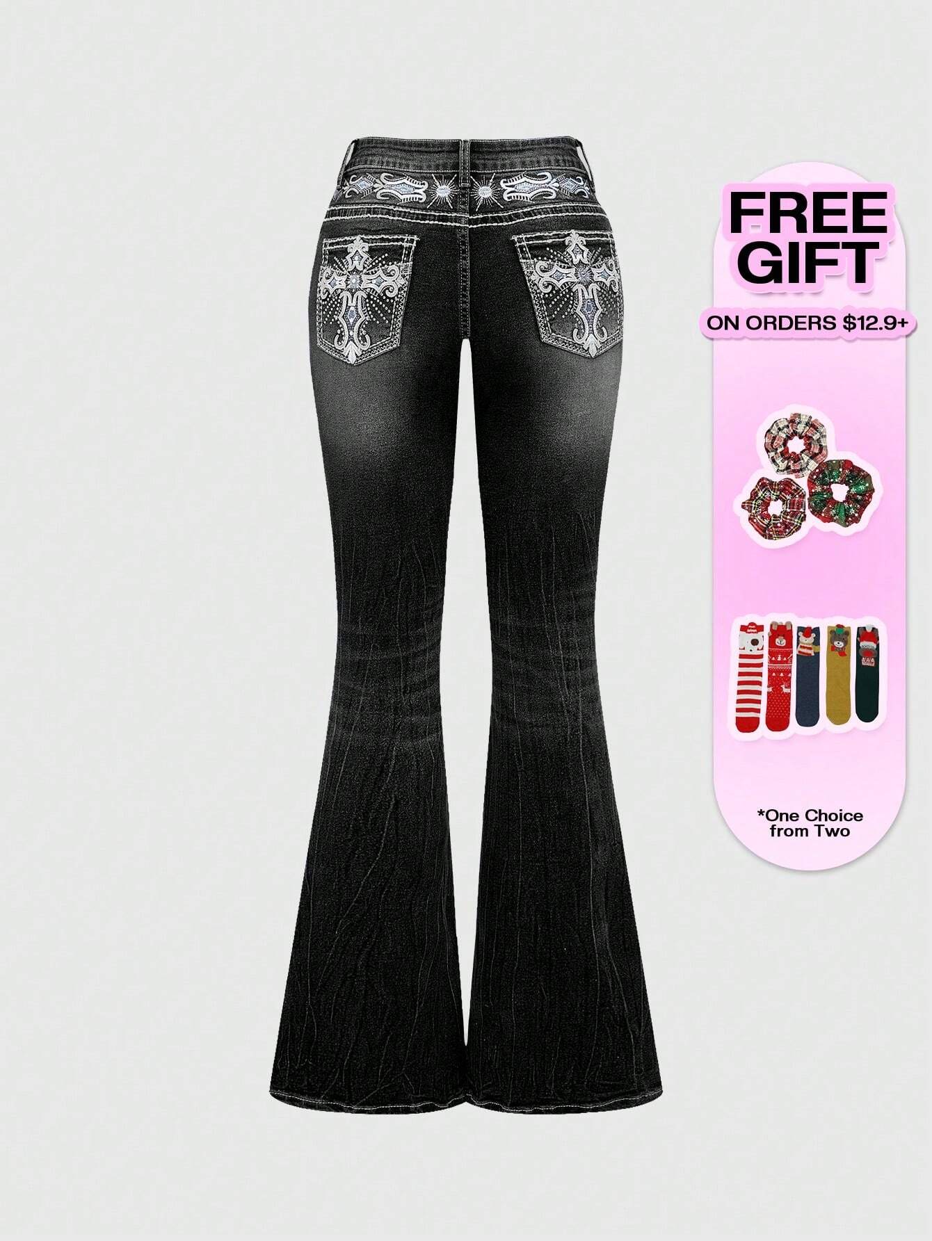 ROMWE Grunge Punk Y2K Vintage Flare Low Waist Jeans for Women, Pocket Cross Embroidery Slim Fit Flared Jeans
