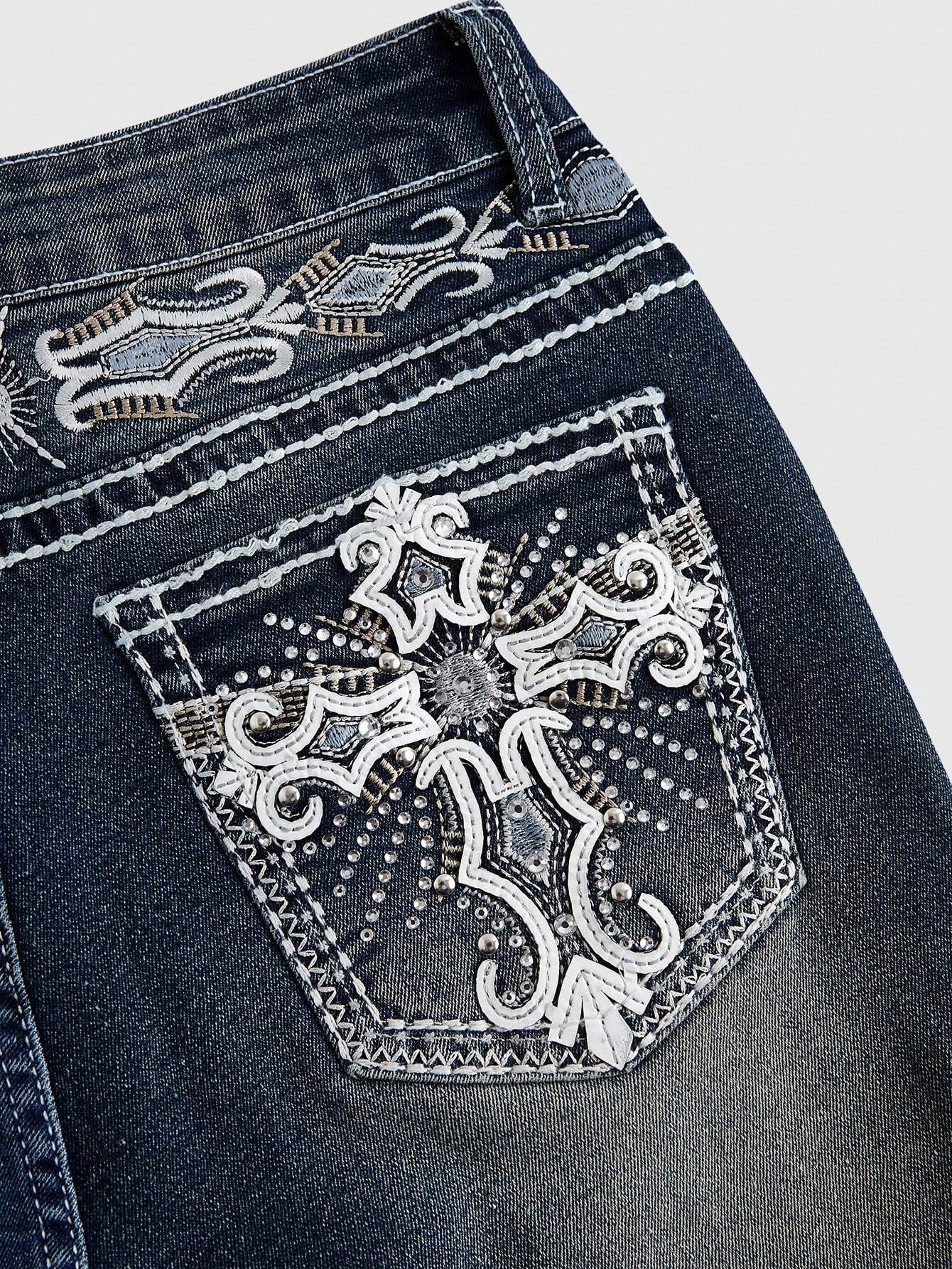 ROMWE Grunge Punk Y2K Retro Midriff Pocket Cross Wing Embroidery Fitted Flare plus Size Jeans