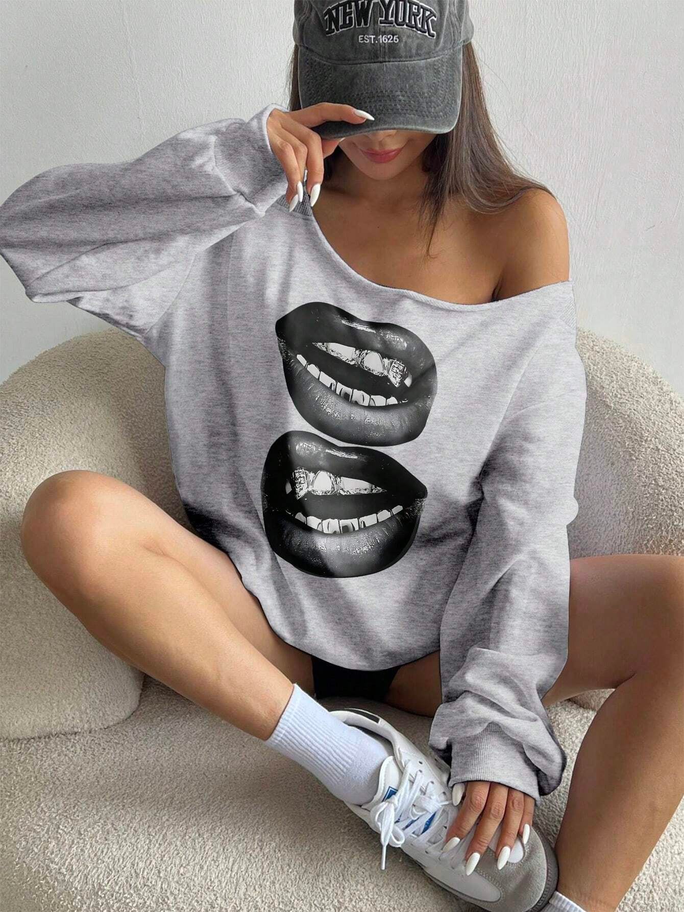 Flirla Women'S Autumn Lip Print Asymmetric Collar Loose Y2K Style Sweatshirt Graduation,Back to School Outfits,Graduation,Teacher Outfits for Women,Back to School Pullover Fall Outfit