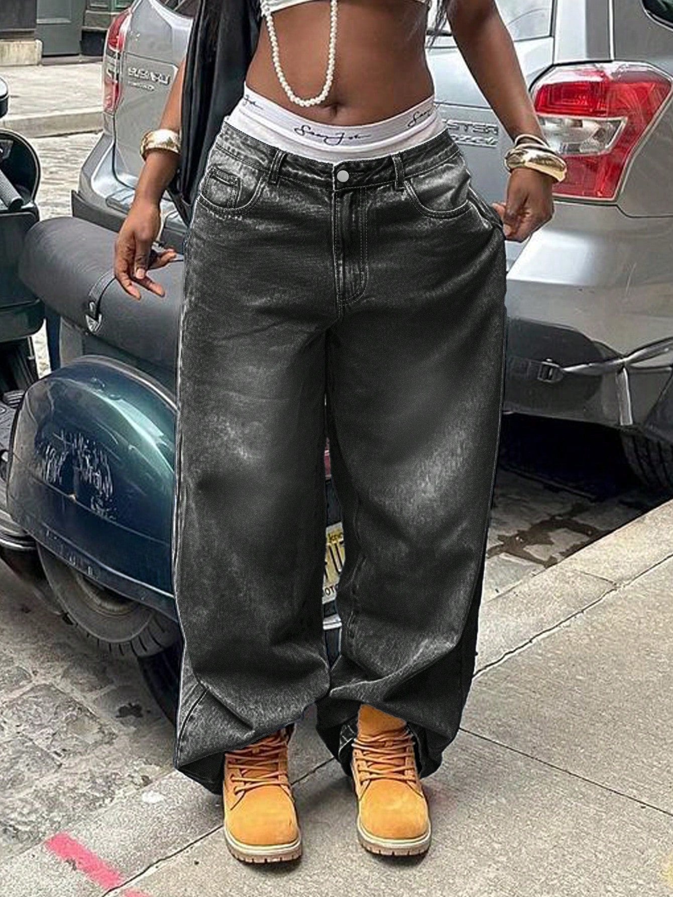 Women'S Y2K Washed Vintage Wide Leg Jeans, Casual Street Style, Autumn