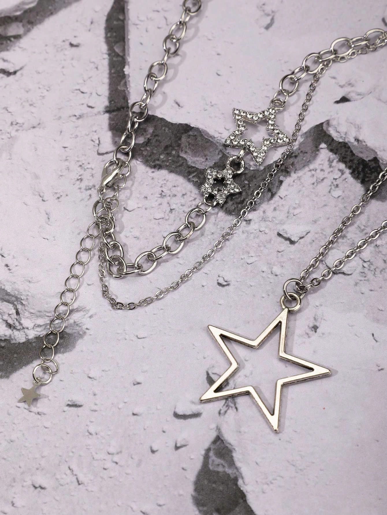 2Pcs/Set Double-Layered Necklace with Big Star Pendants, Fairy/Ins/Hip-Hop Style Collarbone Chain for Women, Y2K Jewelry