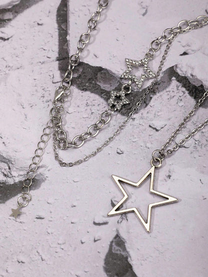 2Pcs/Set Double-Layered Necklace with Big Star Pendants, Fairy/Ins/Hip-Hop Style Collarbone Chain for Women, Y2K Jewelry