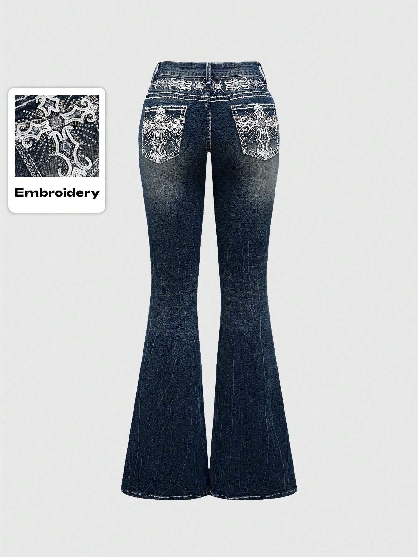 ROMWE Grunge Punk Y2K Retro Midriff Pocket Cross Wing Embroidery Fitted Flare plus Size Jeans
