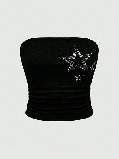 ROMWE Grunge Punk Gyaru Strapless Black Star Print Rhinestone Women Top, for Carnival