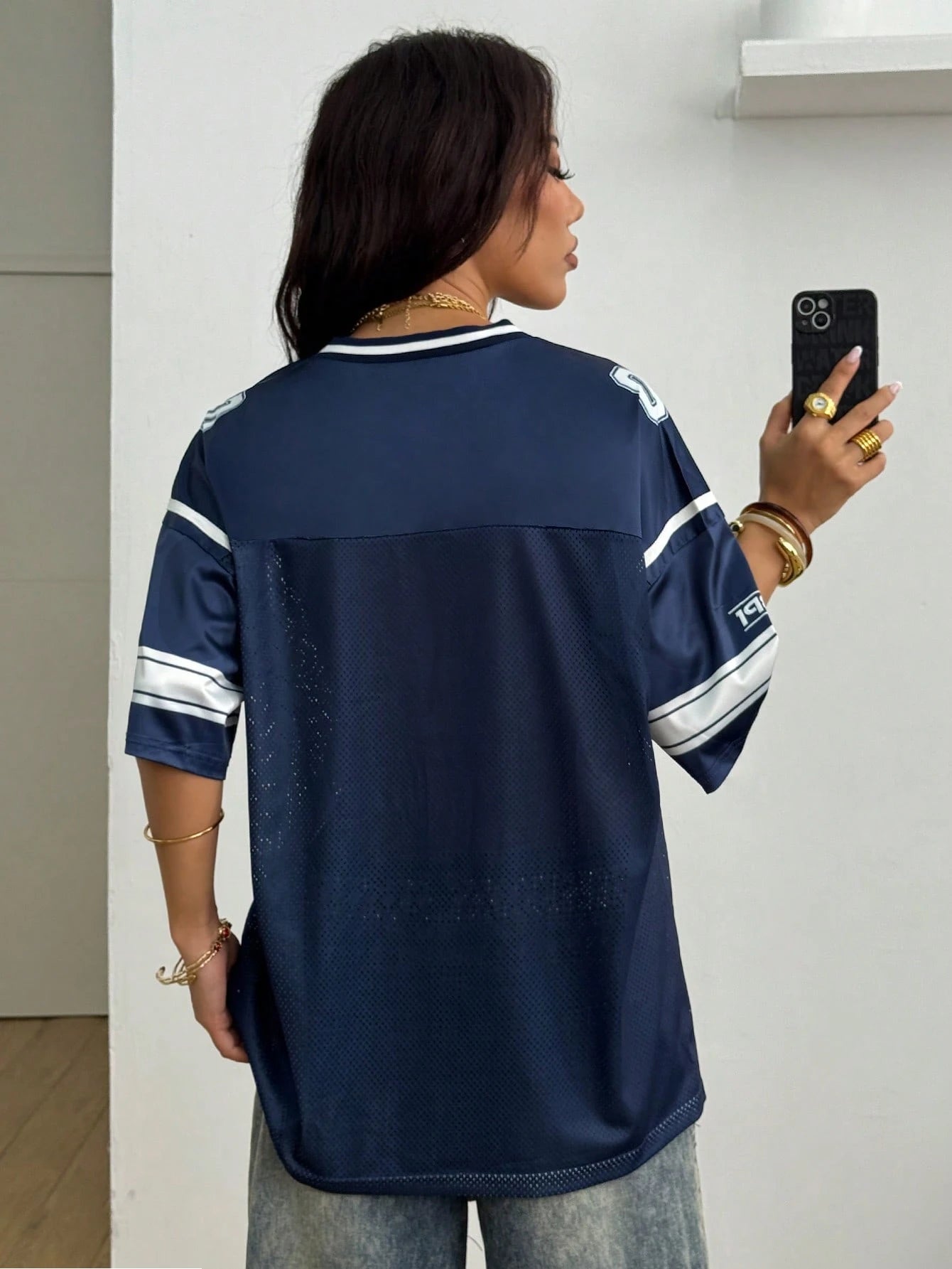 Coolane Women Summer Streetwear Sports Casual Contrast Trim Numeric Print Breathable Blue Jersey T-Shirt