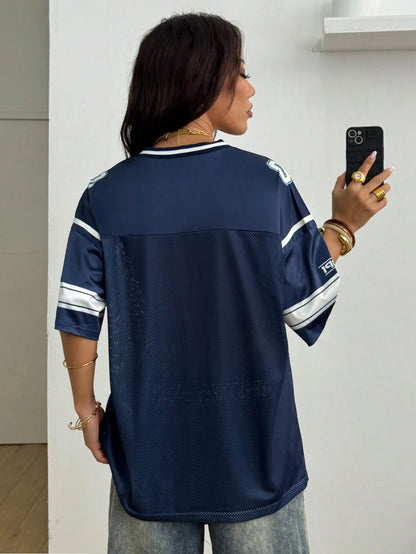 Coolane Women Summer Streetwear Sports Casual Contrast Trim Numeric Print Breathable Blue Jersey T-Shirt