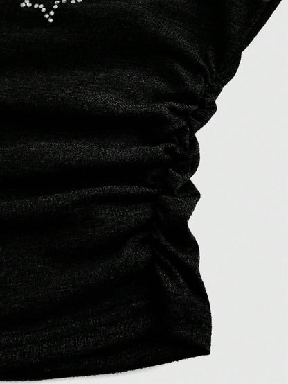 ROMWE Grunge Punk Gyaru Strapless Black Star Print Rhinestone Women Top, for Carnival