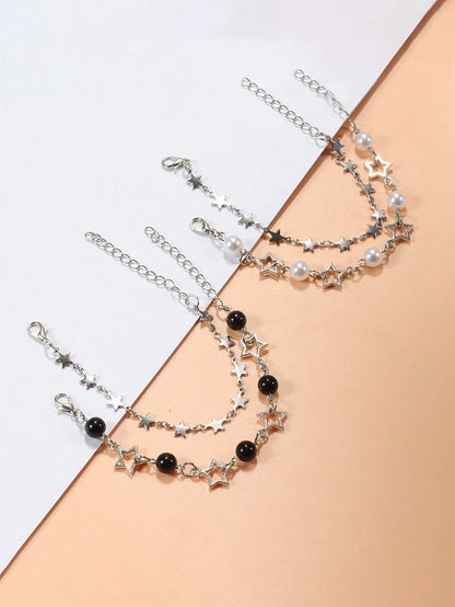 2Pcs Y2K Celebrity Couple Bracelet Set, Faux Pearl & Star Friendship Bracelet, Perfect Gift for Festivals