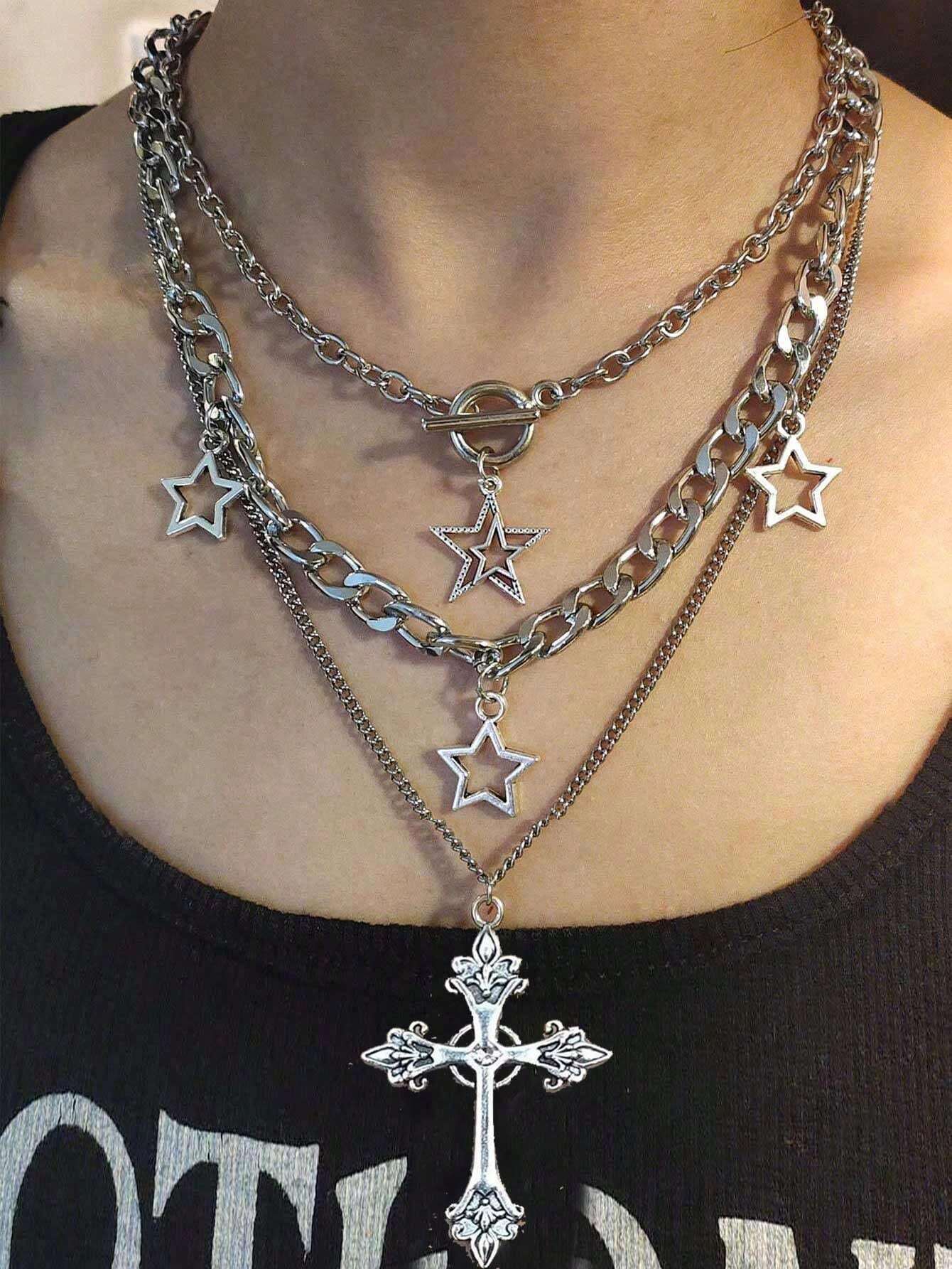 3Pcs/Set Vintage Gothic Punk Style Cross, Faux Pearl and Star Shaped Pendant Necklaces for Girls with Gothic European & American Y2K Design