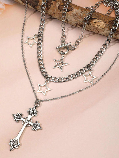 3Pcs/Set Vintage Gothic Punk Style Cross, Faux Pearl and Star Shaped Pendant Necklaces for Girls with Gothic European & American Y2K Design