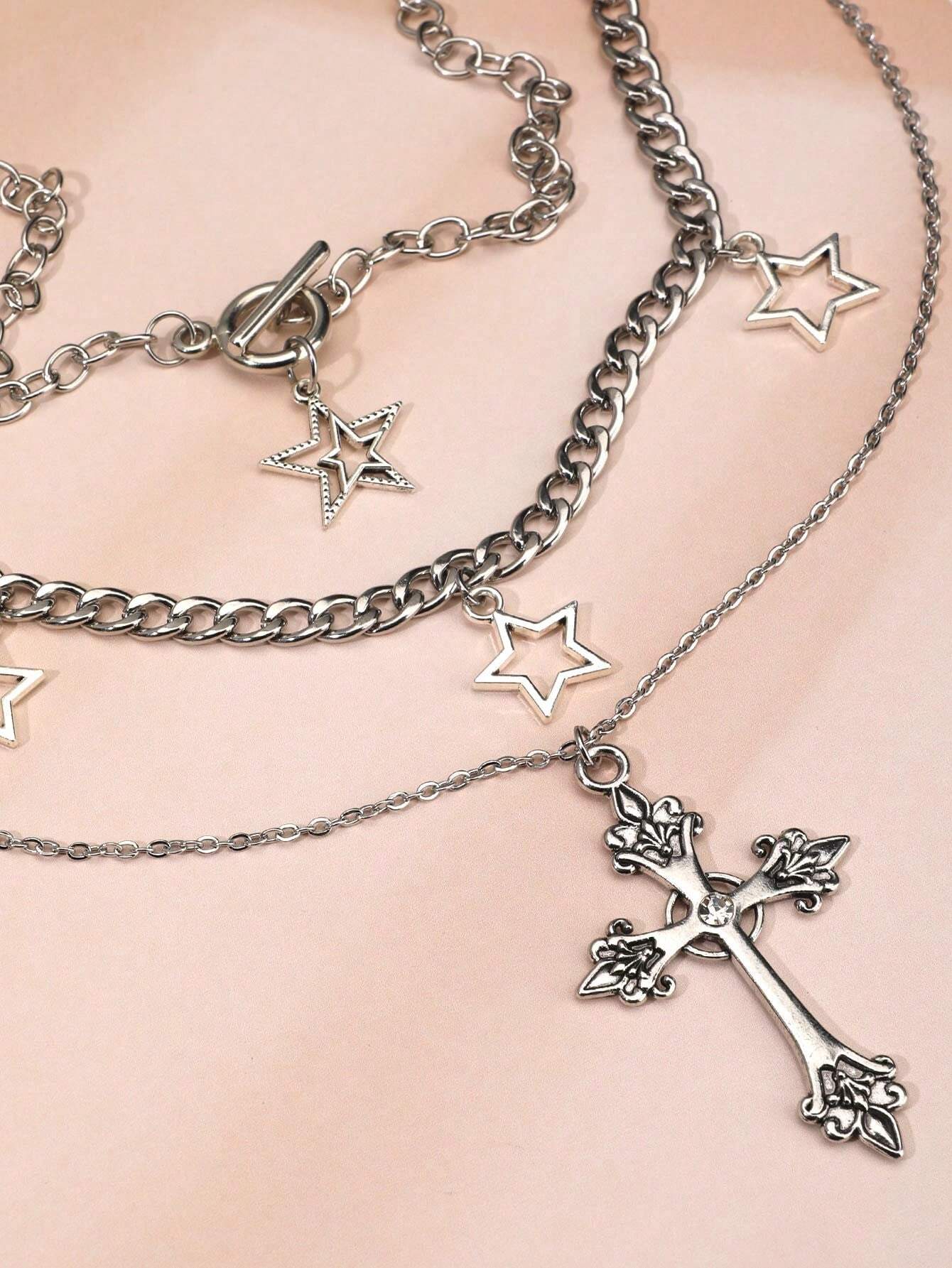 3Pcs/Set Vintage Gothic Punk Style Cross, Faux Pearl and Star Shaped Pendant Necklaces for Girls with Gothic European & American Y2K Design