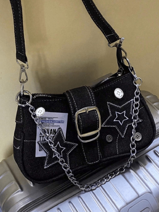 Vintage Y2K Style Women'S Bag with Color Blocking, Star Pattern & Chain Strap, Suitable for Girls, Ladies, Students, Office Workers, White-Collar Workers, Commuters, and School Outings, Stars Hollow Women Bag, 2000S Fashion Style Bag for Women