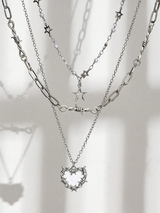 2Pcs Multi-Color Retro Dark Punk Style Multi-Layered Rice Bead Metal Thorn Heart Star Pendant Necklaces, Valentine'S Day Gift for Female Friends Valentines,Mom,Mother,Mother'S Day,Gift