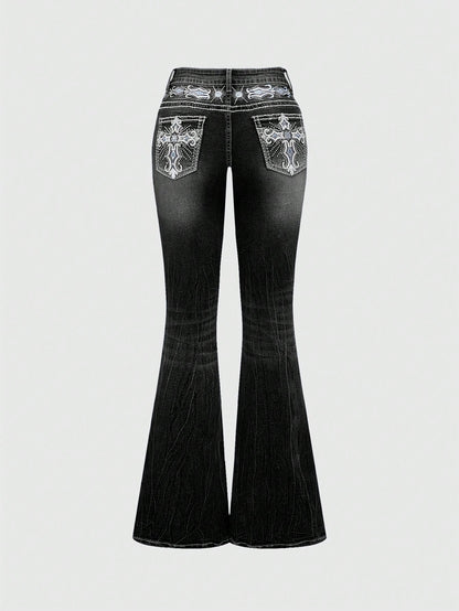 ROMWE Grunge Punk Y2K Vintage Flare Low Waist Jeans for Women, Pocket Cross Embroidery Slim Fit Flared Jeans