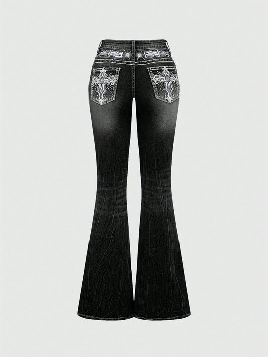 ROMWE Grunge Punk Y2K Vintage Flare Low Waist Jeans for Women, Pocket Cross Embroidery Slim Fit Flared Jeans