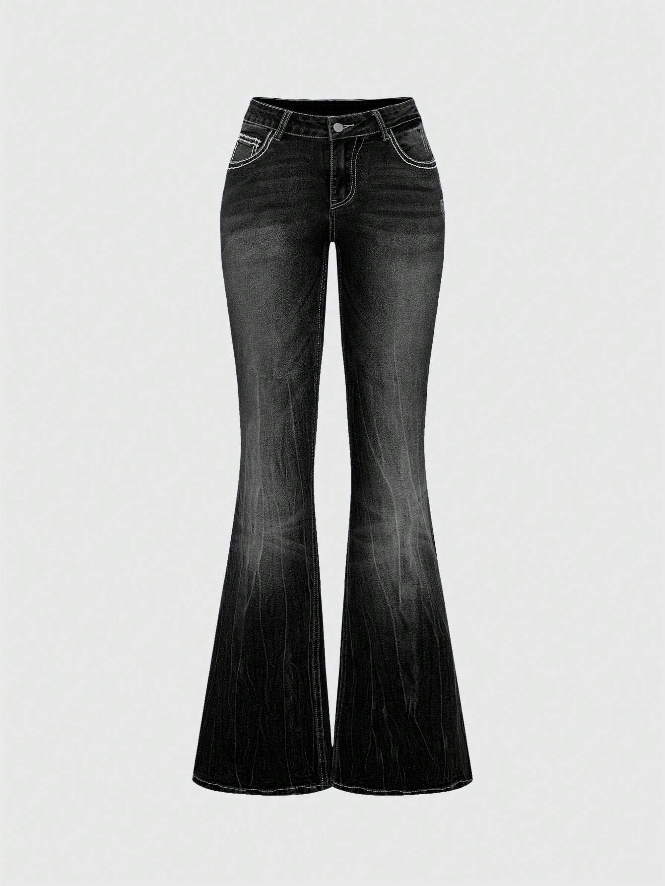 ROMWE Grunge Punk Y2K Vintage Flare Low Waist Jeans for Women, Pocket Cross Embroidery Slim Fit Flared Jeans