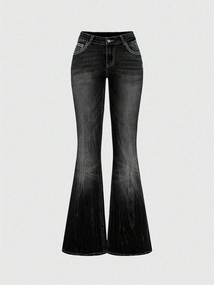 ROMWE Grunge Punk Y2K Vintage Flare Low Waist Jeans for Women, Pocket Cross Embroidery Slim Fit Flared Jeans