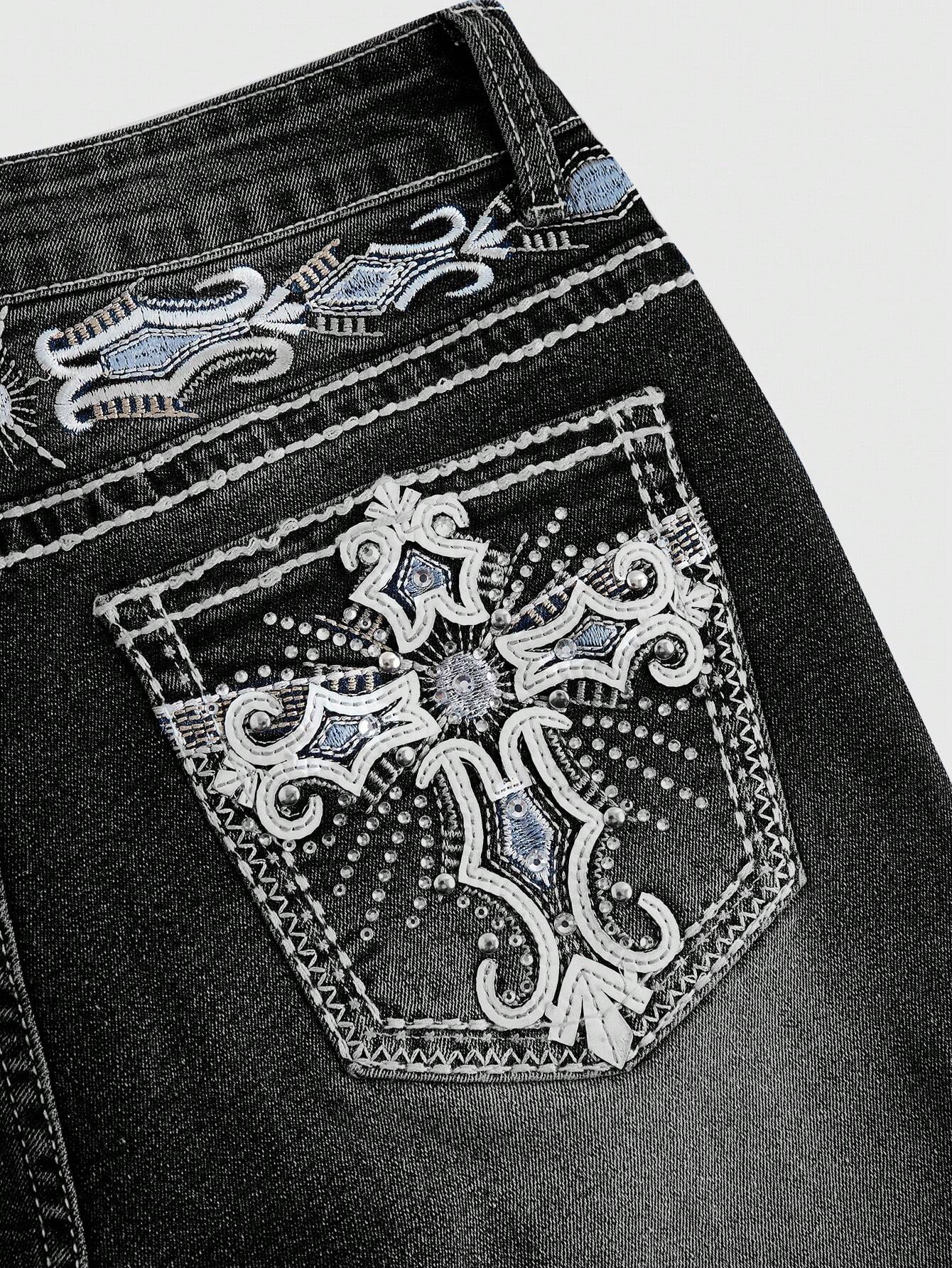 ROMWE Grunge Punk Y2K Vintage Flare Low Waist Jeans for Women, Pocket Cross Embroidery Slim Fit Flared Jeans