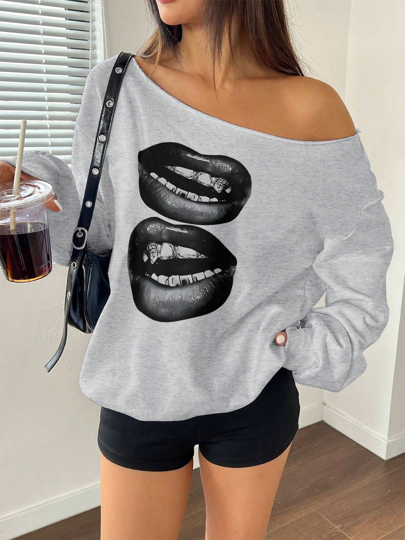 Flirla Women'S Autumn Lip Print Asymmetric Collar Loose Y2K Style Sweatshirt Graduation,Back to School Outfits,Graduation,Teacher Outfits for Women,Back to School Pullover Fall Outfit