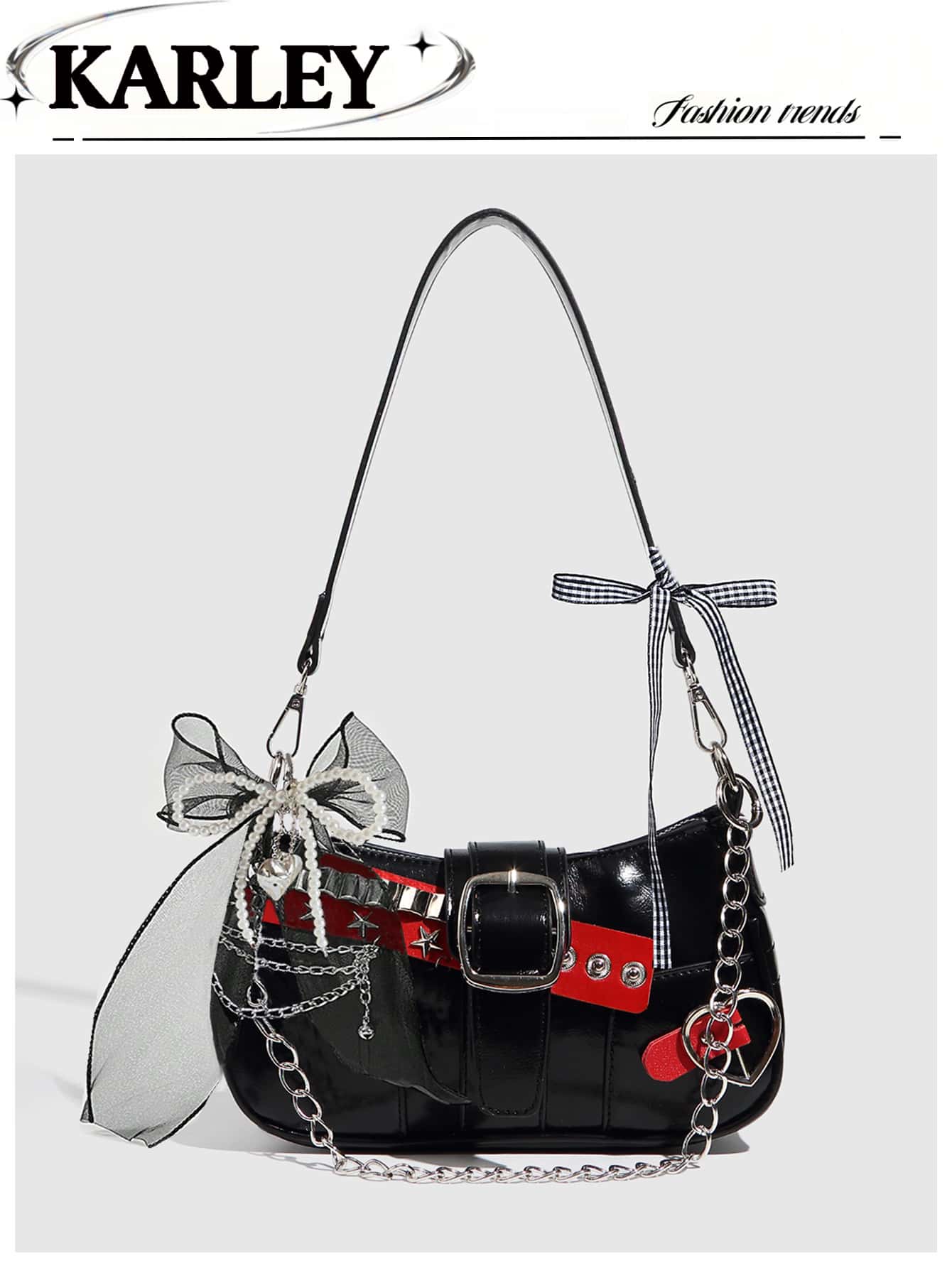 Y2K Lace Bow Bag with Unique Star & Moon Design Silver Shoulder Chain Crossbody Bag, Versatile for Streetwear, Party Outfits, Also Suitable as a Gift. Starry Print Black Handbag for Women