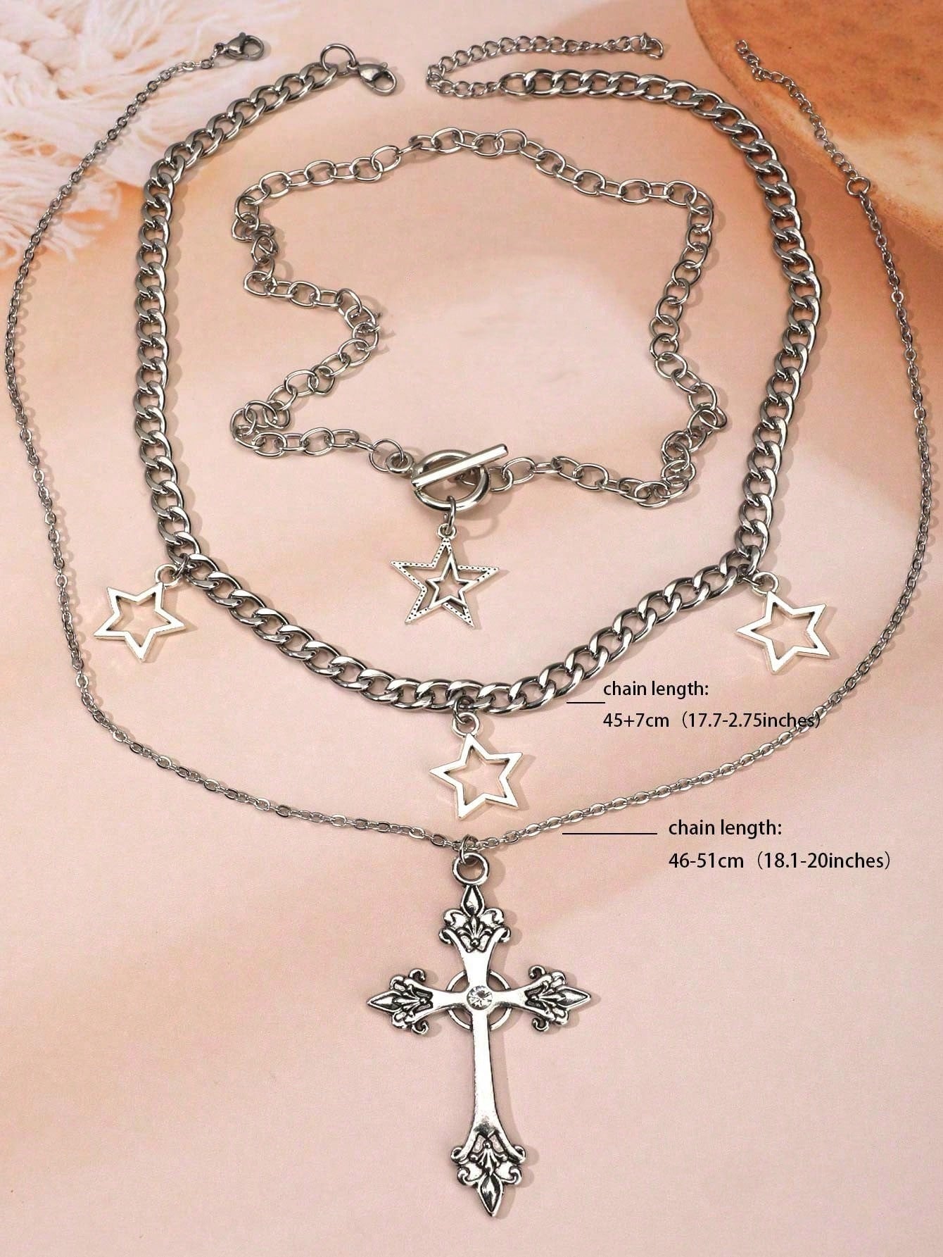 3Pcs/Set Vintage Gothic Punk Style Cross, Faux Pearl and Star Shaped Pendant Necklaces for Girls with Gothic European & American Y2K Design