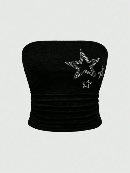 ROMWE Grunge Punk Gyaru Strapless Black Star Print Rhinestone Women Top, for Carnival