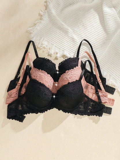 3Pcs Floral Lace Underwire Bra Lingerie