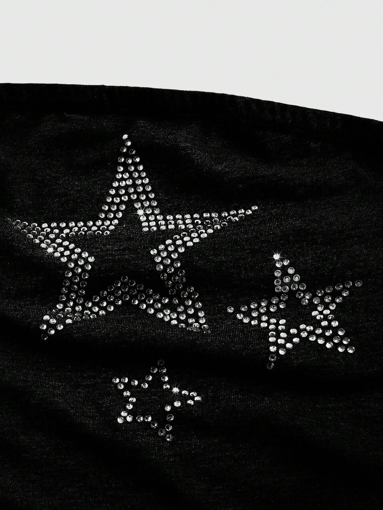 ROMWE Grunge Punk Gyaru Strapless Black Star Print Rhinestone Women Top, for Carnival