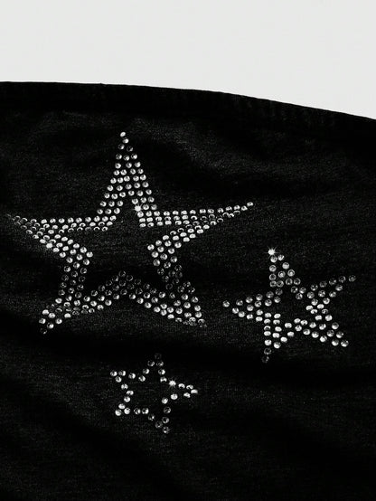 ROMWE Grunge Punk Gyaru Strapless Black Star Print Rhinestone Women Top, for Carnival