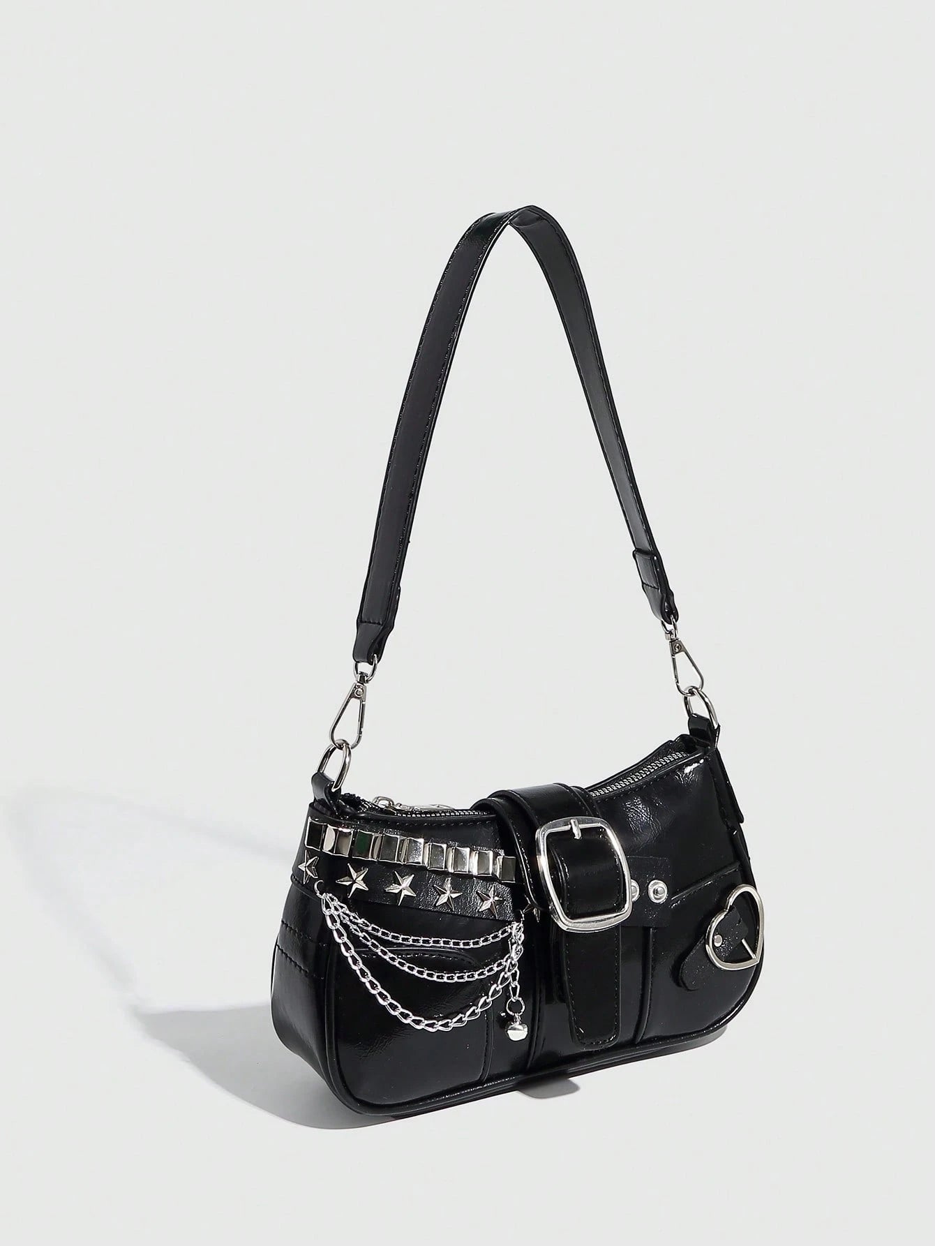 Y2K Lace Bow Bag with Unique Star & Moon Design Silver Shoulder Chain Crossbody Bag, Versatile for Streetwear, Party Outfits, Also Suitable as a Gift. Starry Print Black Handbag for Women