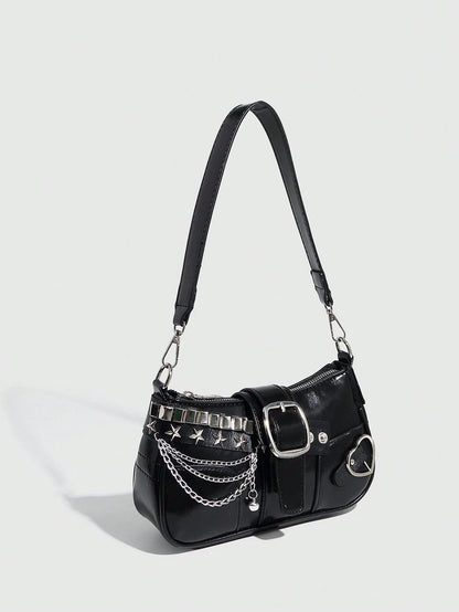 Y2K Lace Bow Bag with Unique Star & Moon Design Silver Shoulder Chain Crossbody Bag, Versatile for Streetwear, Party Outfits, Also Suitable as a Gift. Starry Print Black Handbag for Women