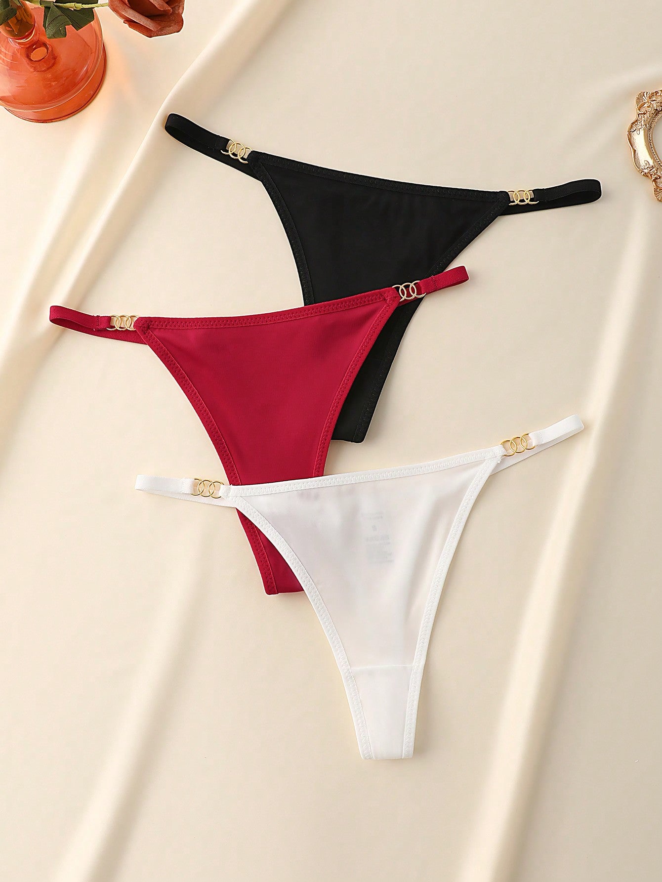 3Pcs/Pack Women'S Solid Color Metal Ring Linked Sexy G-String Panties