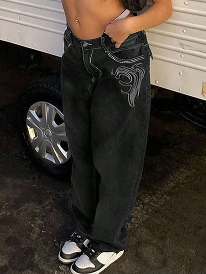 Women'S Slim Embroidered Black Straight Leg Pants