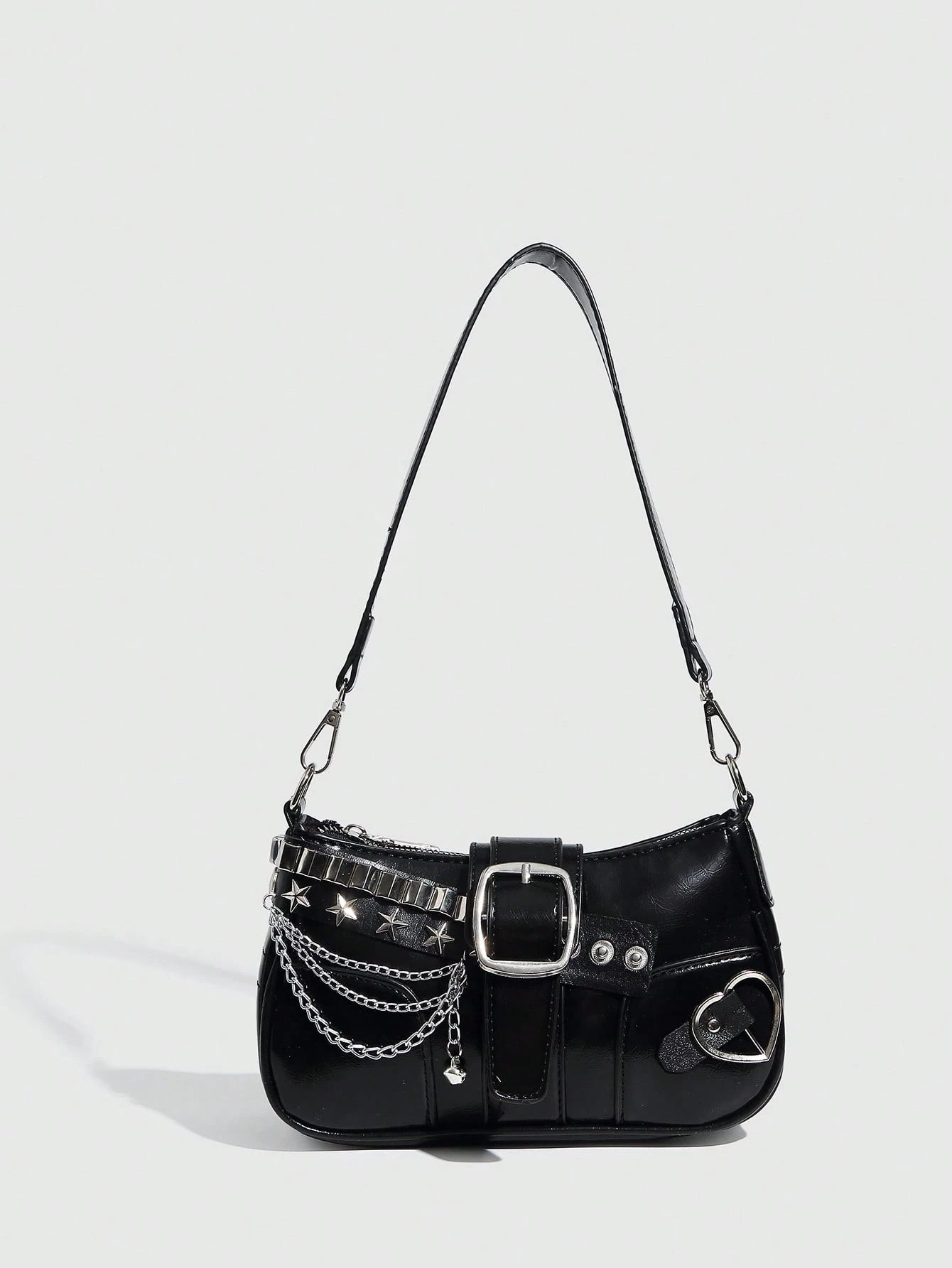 Y2K Lace Bow Bag with Unique Star & Moon Design Silver Shoulder Chain Crossbody Bag, Versatile for Streetwear, Party Outfits, Also Suitable as a Gift. Starry Print Black Handbag for Women