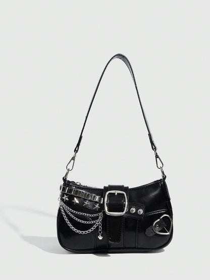 Y2K Lace Bow Bag with Unique Star & Moon Design Silver Shoulder Chain Crossbody Bag, Versatile for Streetwear, Party Outfits, Also Suitable as a Gift. Starry Print Black Handbag for Women