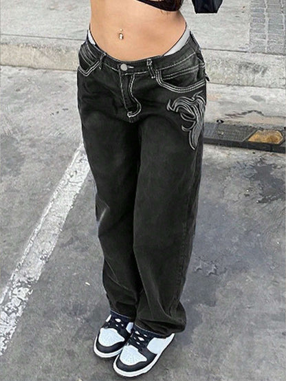 Women'S Slim Embroidered Black Straight Leg Pants