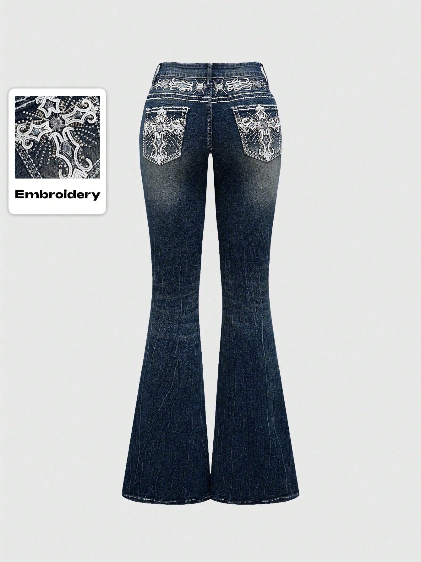 ROMWE Grunge Punk Y2K Retro Midriff Pocket Cross Wing Embroidery Fitted Flare plus Size Jeans