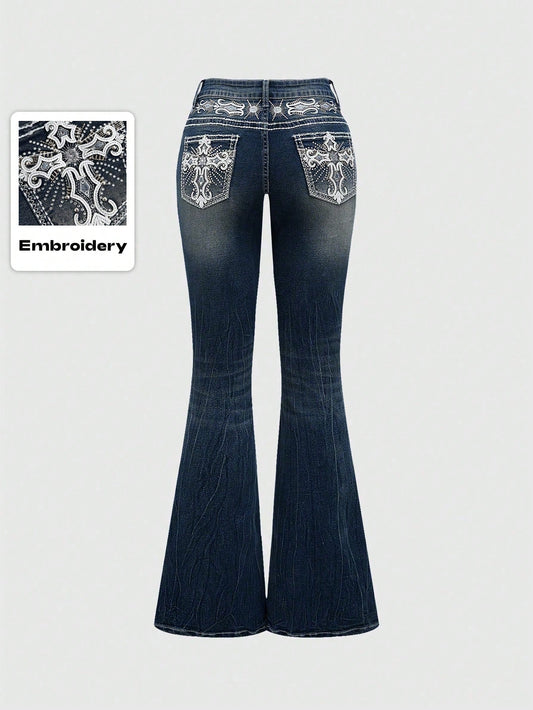 ROMWE Grunge Punk Y2K Retro Midriff Pocket Cross Wing Embroidery Fitted Flare plus Size Jeans