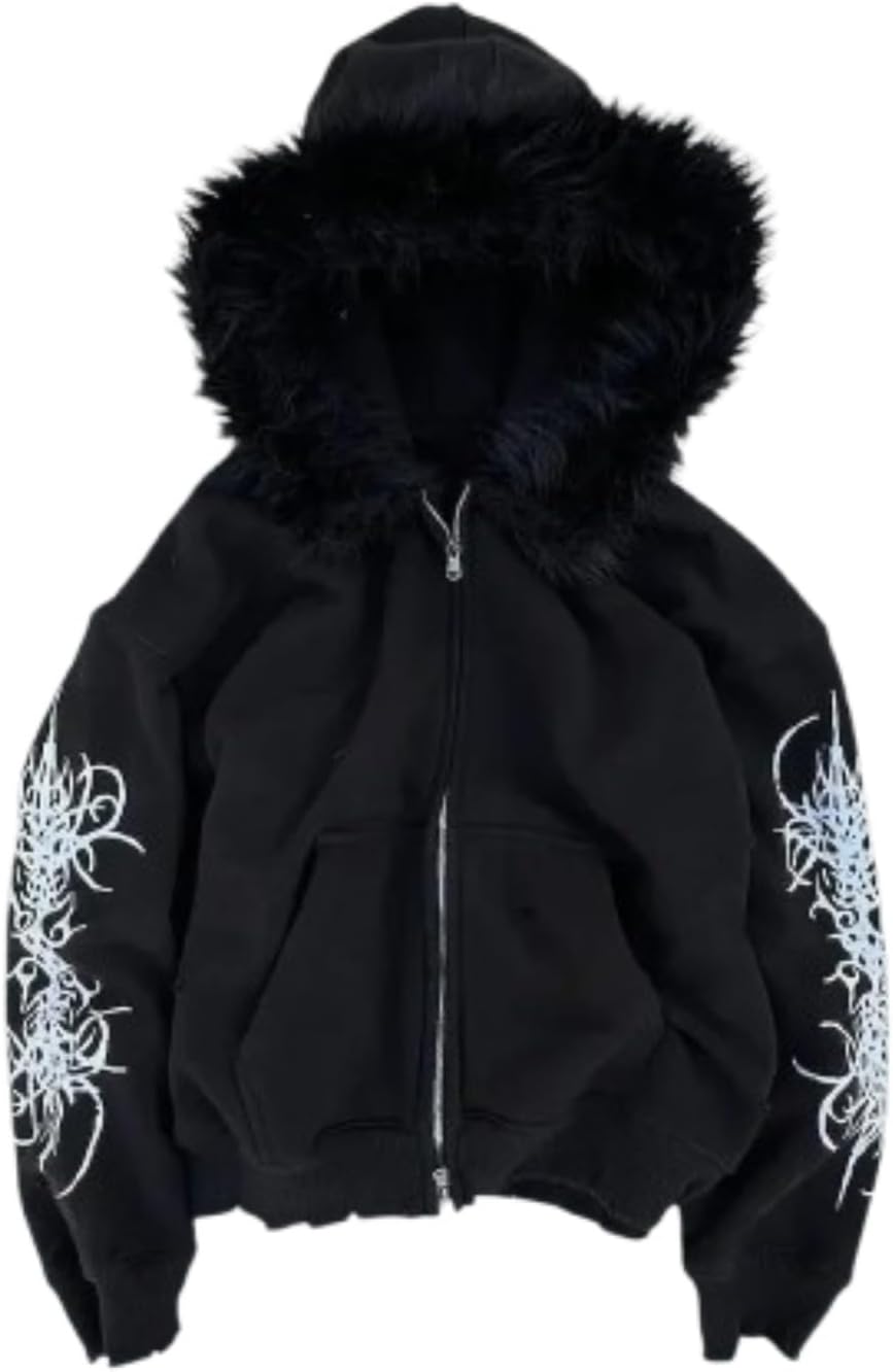 Damenmode Y2K-Print Reißverschluss Pelzkragen Kapuzenjacke Preppy-Style Mit Taschen Loose Fit Paar Gothic-Stil 2000Er Print Hoodie