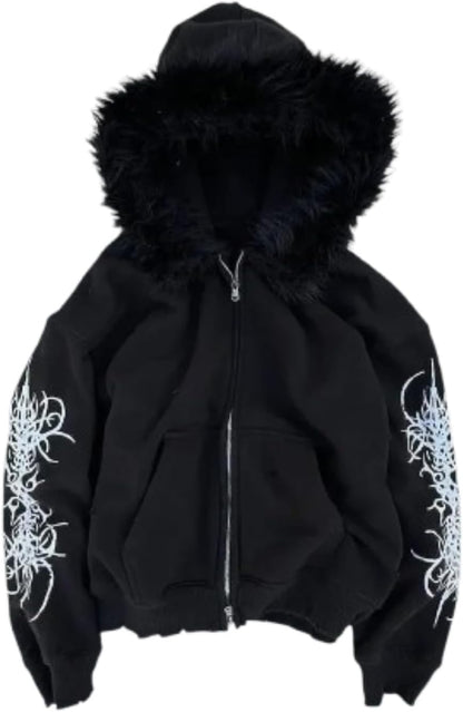 Damenmode Y2K-Print Reißverschluss Pelzkragen Kapuzenjacke Preppy-Style Mit Taschen Loose Fit Paar Gothic-Stil 2000Er Print Hoodie