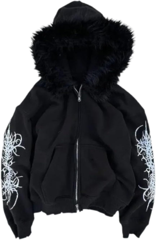 Damenmode Y2K-Print Reißverschluss Pelzkragen Kapuzenjacke Preppy-Style Mit Taschen Loose Fit Paar Gothic-Stil 2000Er Print Hoodie