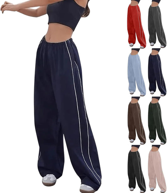 2025 Jogginghose Teenager Mädchen Mode Y2K Streetwear Vintage Fallschirmhosen Cargohose Baggy Track Pants Damen Weites Bein Hosen Freizeithose Elastische Taille Parachute Pants 90Er Sport Hose Schwarz