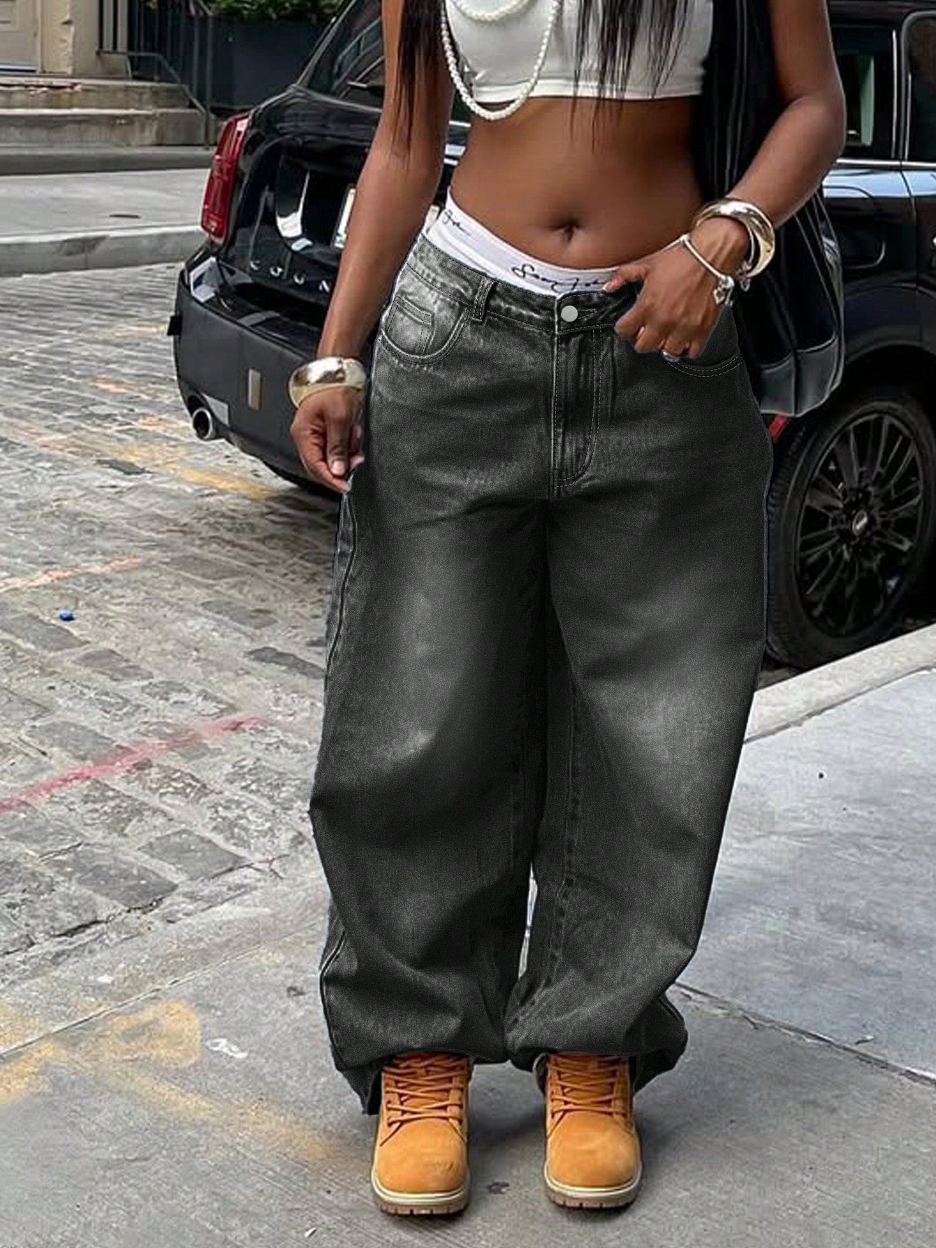 Women'S Y2K Washed Vintage Wide Leg Jeans, Casual Street Style, Autumn