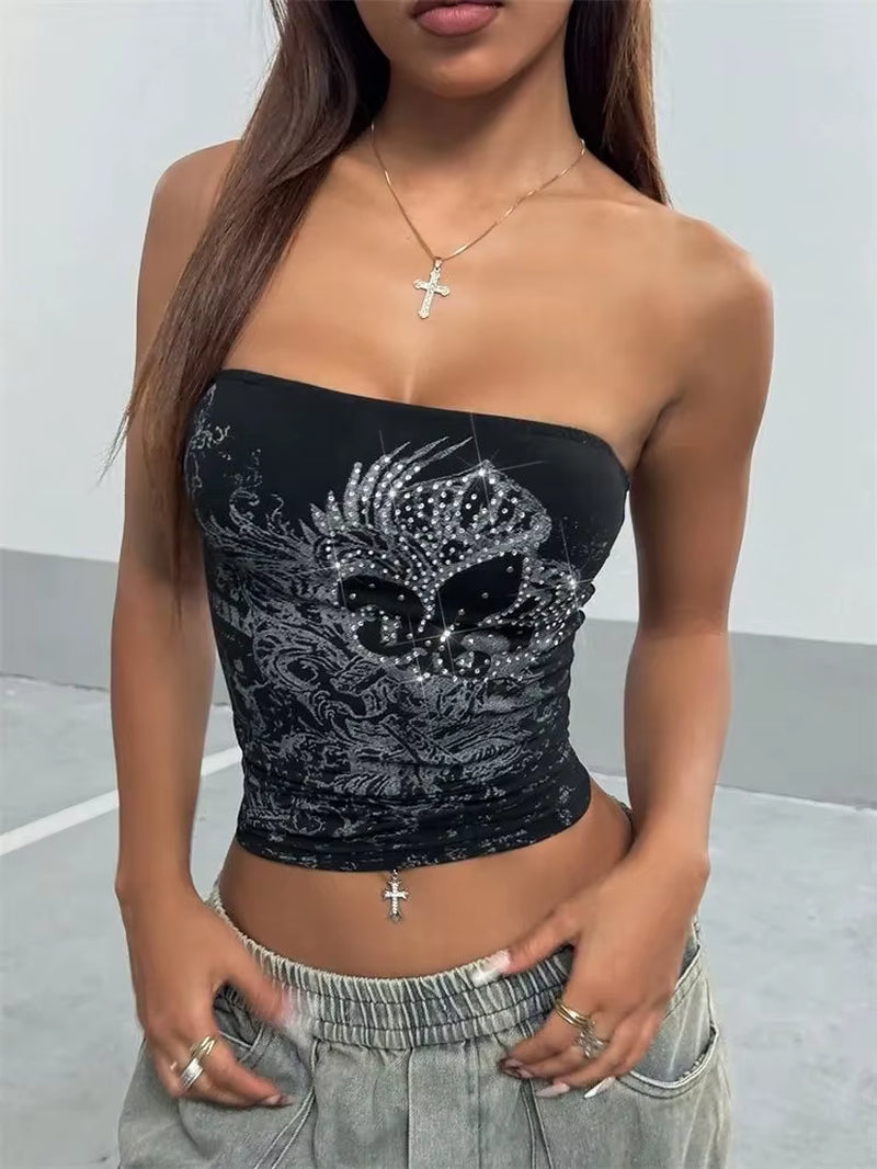 Women Gothic Print Tube Top Summer Y2K Clothes Sleeveless off the Soulder Crop Top Streetwear
