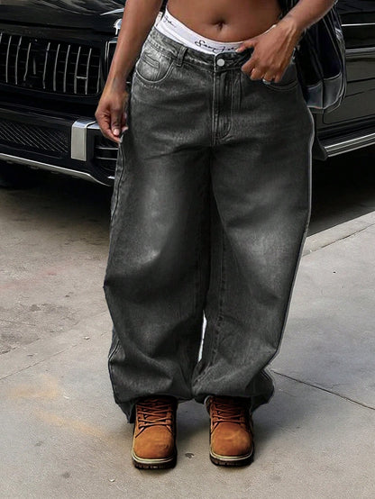 Women'S Y2K Washed Vintage Wide Leg Jeans, Casual Street Style, Autumn