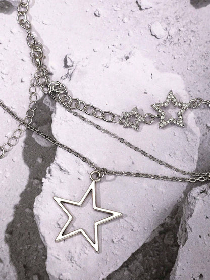 2Pcs/Set Double-Layered Necklace with Big Star Pendants, Fairy/Ins/Hip-Hop Style Collarbone Chain for Women, Y2K Jewelry