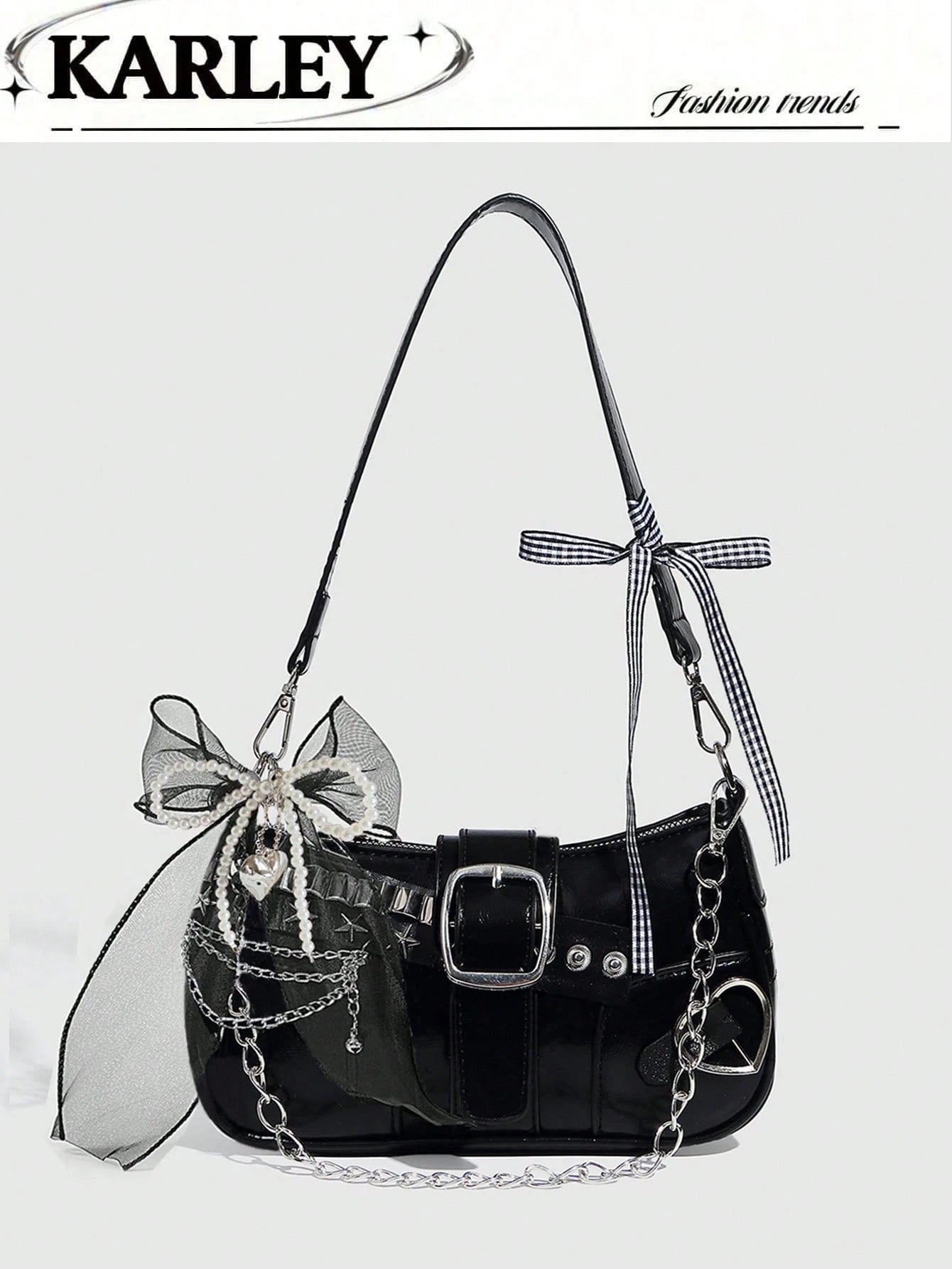 Y2K Lace Bow Bag with Unique Star & Moon Design Silver Shoulder Chain Crossbody Bag, Versatile for Streetwear, Party Outfits, Also Suitable as a Gift. Starry Print Black Handbag for Women