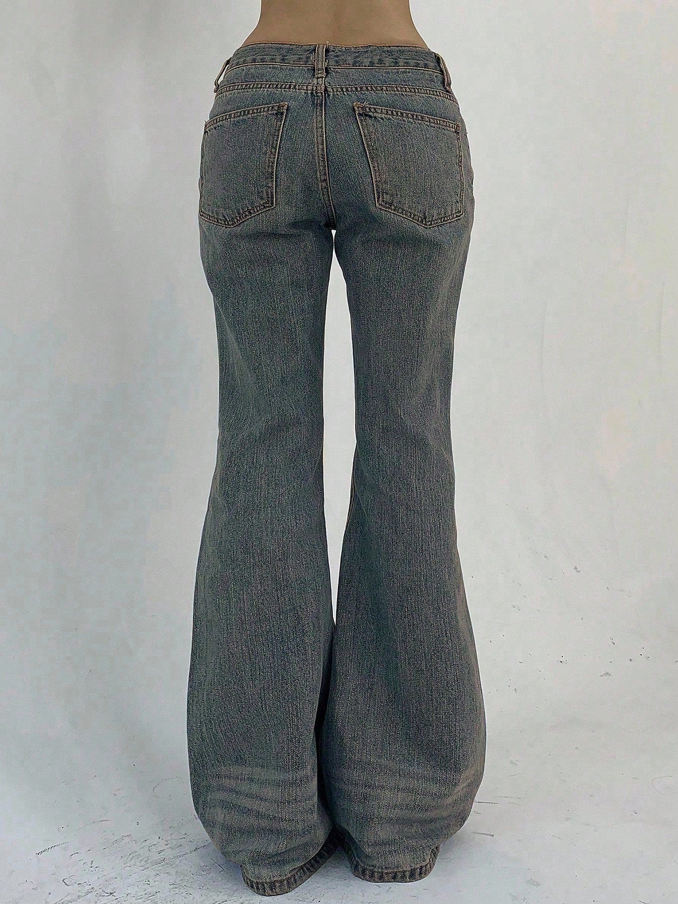 DAZY Women Casual Low-Rise Flare Leg Washed Denim Jeans Y2K Streetwear