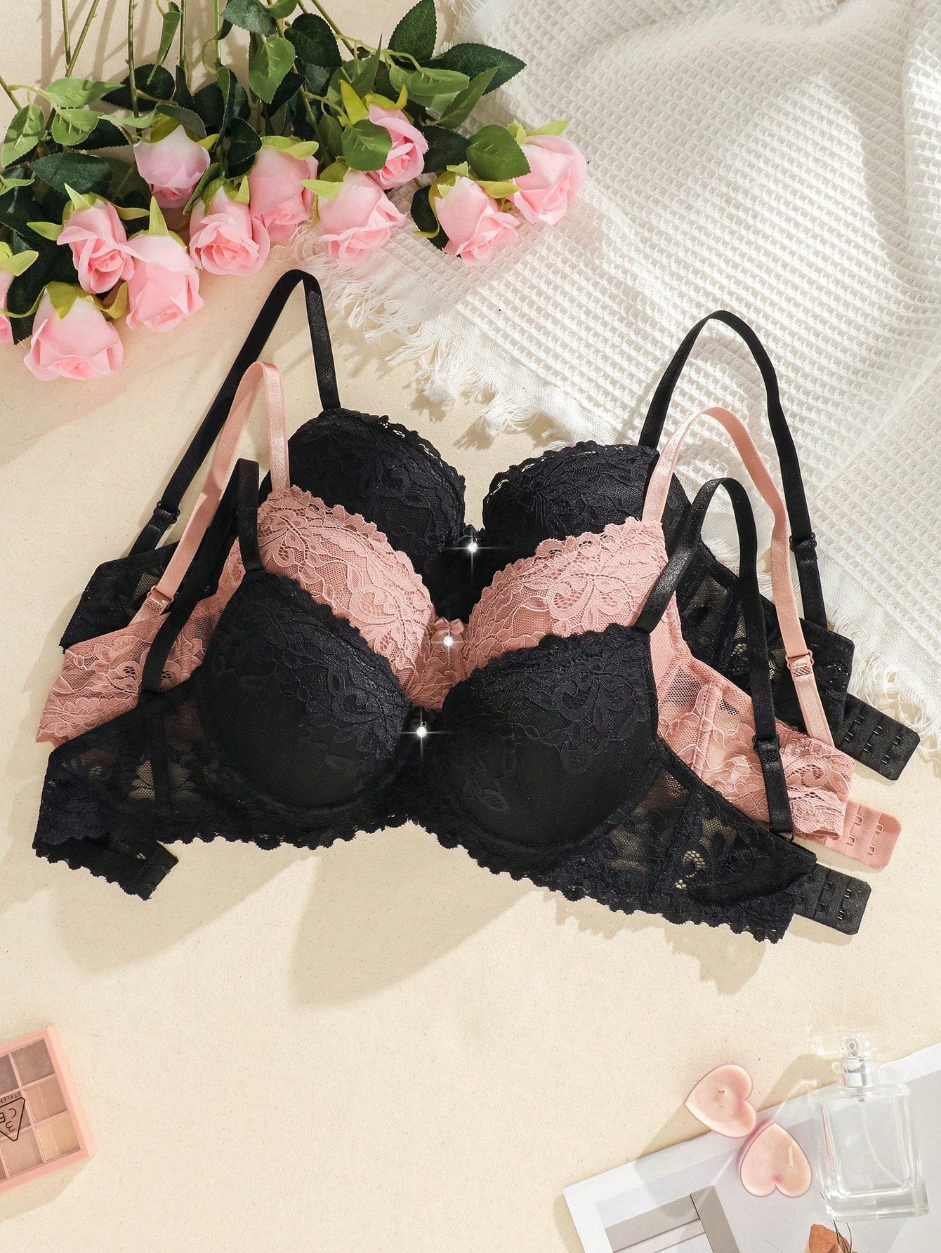 3Pcs Floral Lace Underwire Bra Lingerie