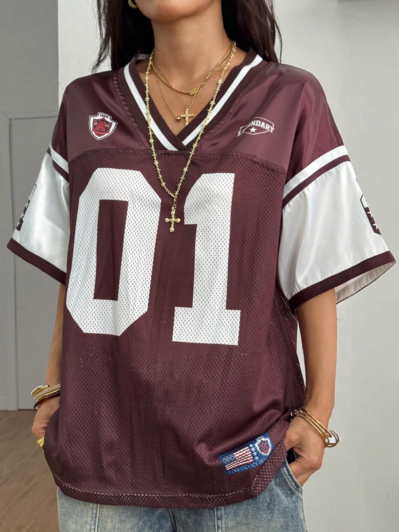 Coolane Women'S Casual Coffee Brown V-Neck Half Sleeve Patched Knitted Fabric Jersey T-Shirt